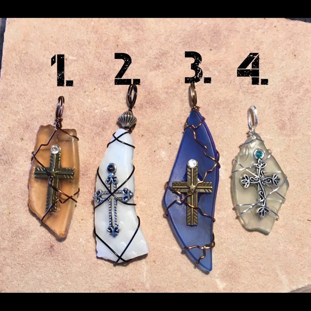 HAND CRAFTED Antique Glass Necklace Cross New Wire Wrapped Pendant